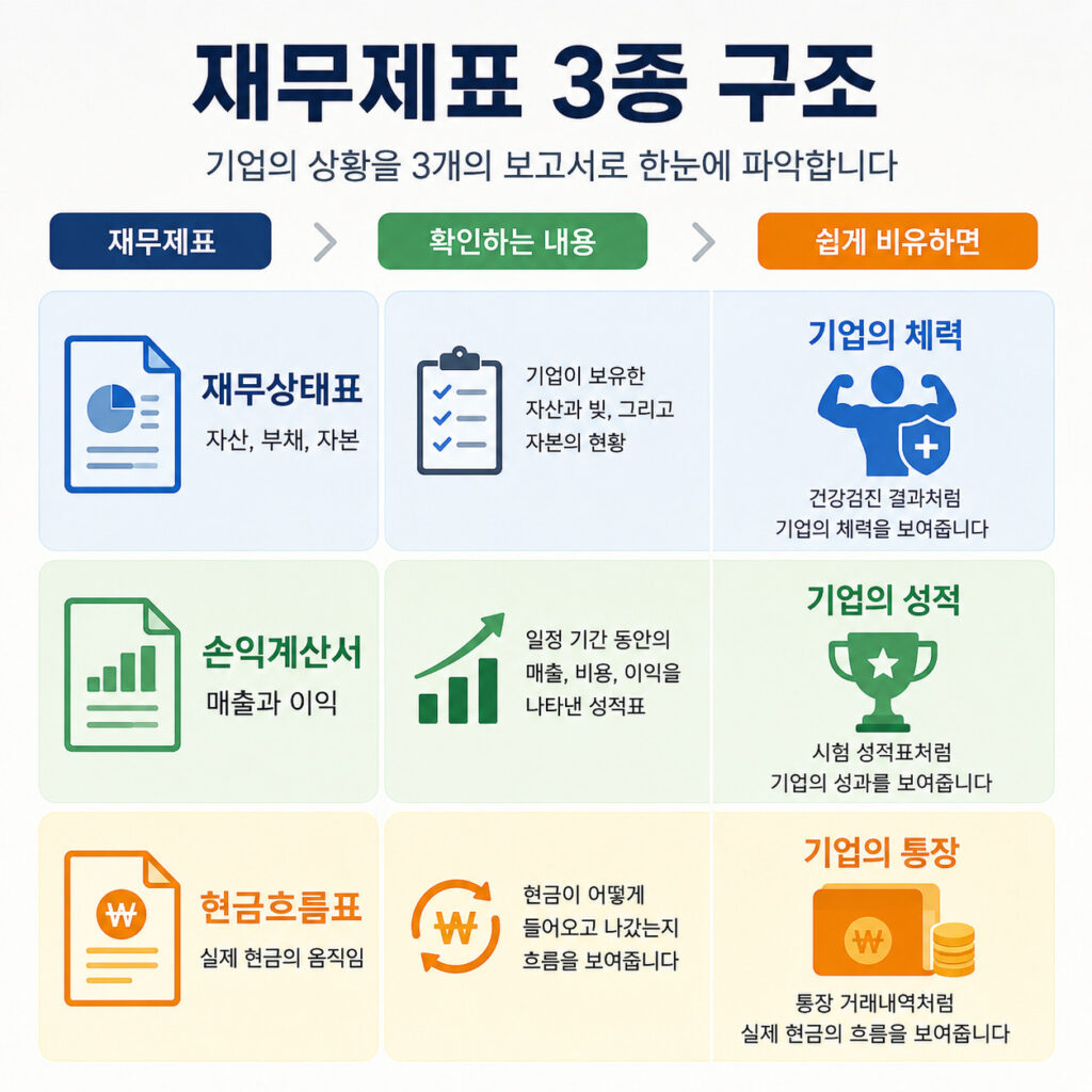 주식 재무제표 3종 구조를 설명하는 재무상태표, 손익계산서, 현금흐름표 비교 이미지