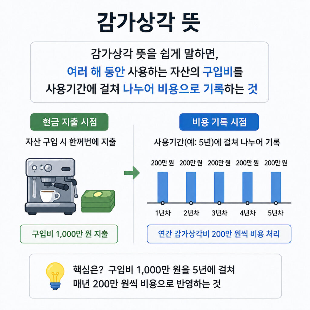 감가상각 뜻을 쉽게 설명한 이미지. 자산 구입비를 사용기간에 걸쳐 나누어 비용으로 기록하는 과정을 도식화한 인포그래픽