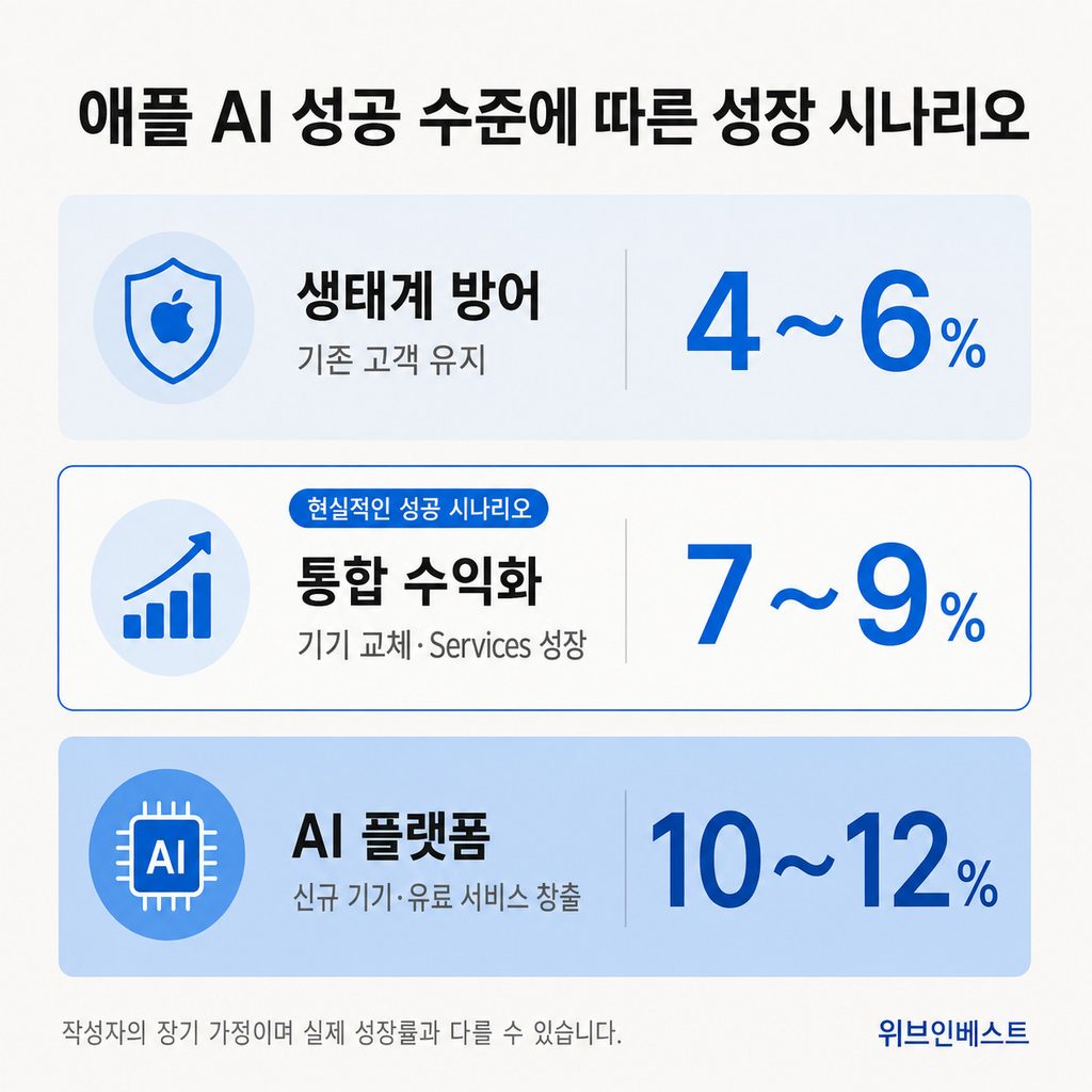 애플 AI 성공 수준에 따른 잉여현금흐름 성장률 4~6%, 7~9%, 10~12% 시나리오
