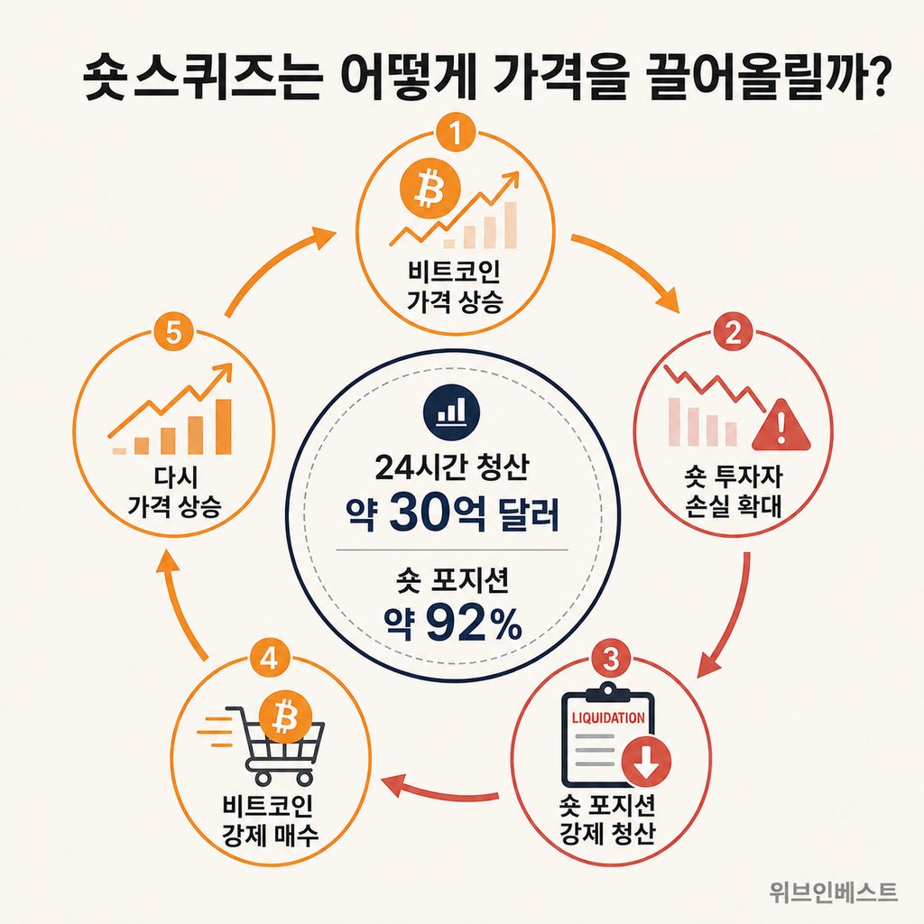 비트코인 가격 상승이 숏 포지션 청산과 강제 매수를 일으키는 숏스퀴즈 구조