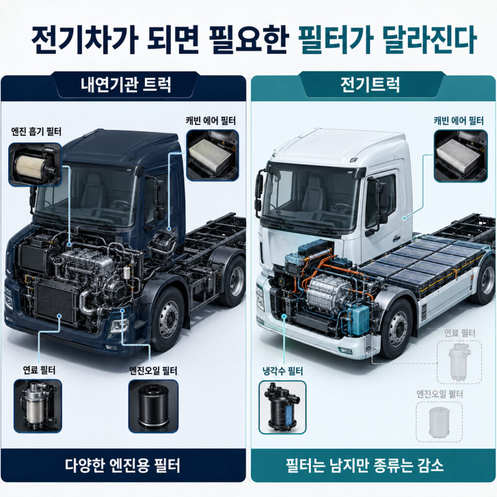내연기관 트럭과 전기트럭에 필요한 필터 종류 비교