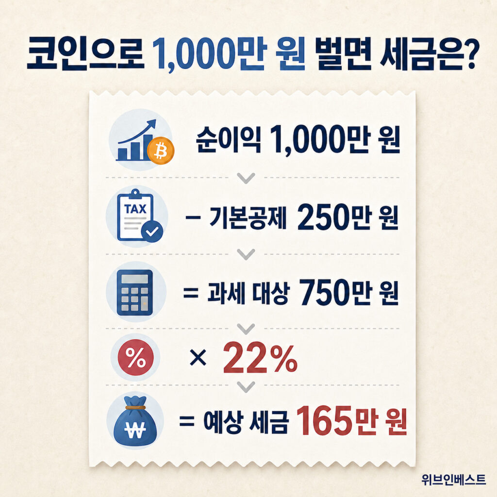 가상자산 순이익 1천만 원에서 기본공제 후 예상 세금 165만 원을 계산한 예시