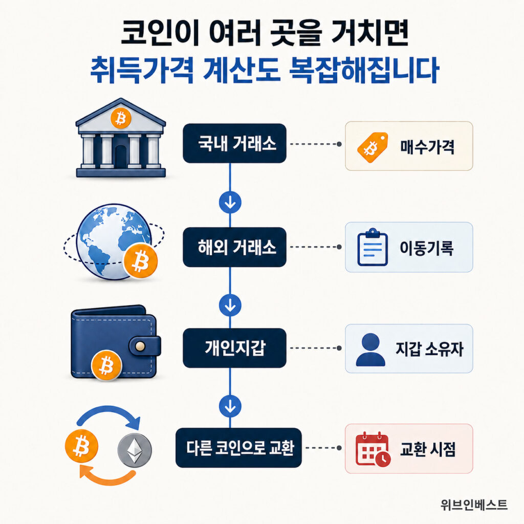 해외 거래소와 개인지갑 이동으로 가상자산 취득가격 계산이 복잡해지는 구조