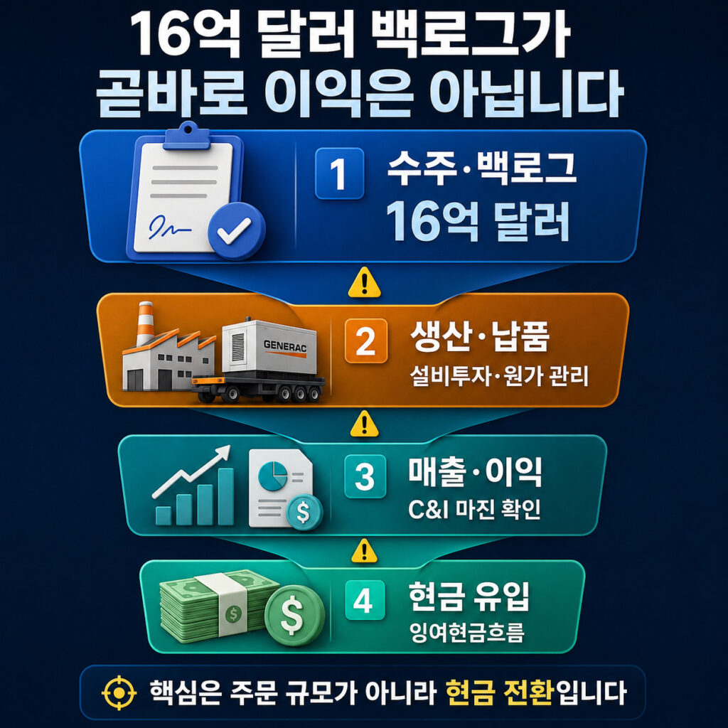 제네락의 데이터센터 백로그가 생산과 매출을 거쳐 현금흐름으로 전환되는 과정