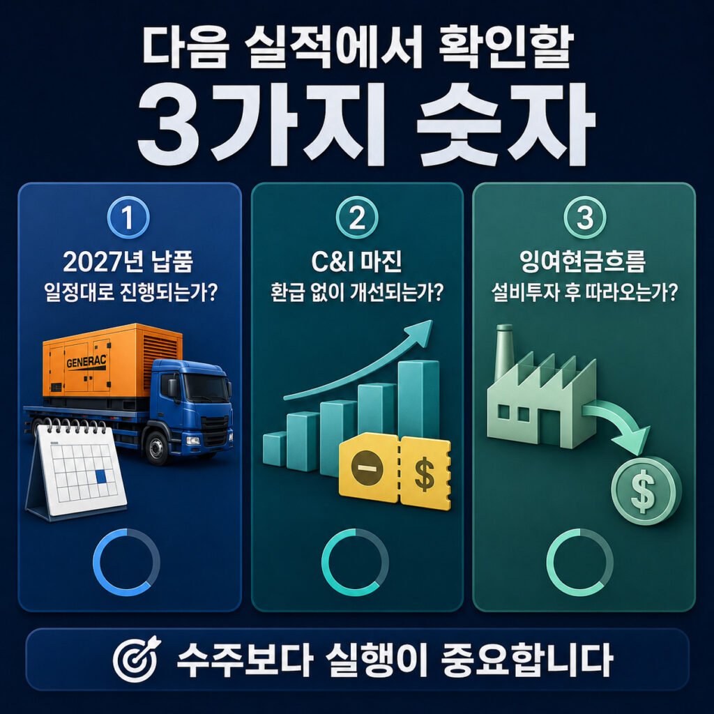 제네락 다음 실적에서 확인해야 할 2027년 납품과 C&I 마진 및 잉여현금흐름
