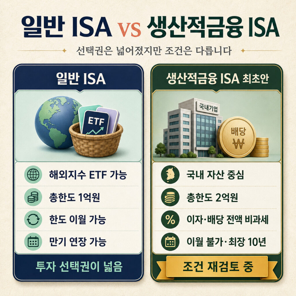 일반 ISA와 생산적금융 ISA의 투자 대상과 세제혜택 비교