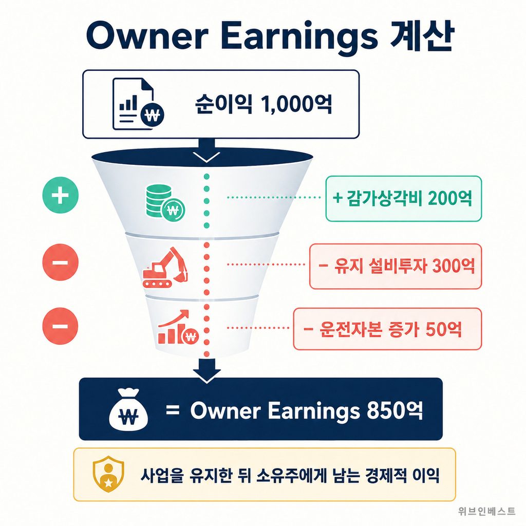 순이익과 감가상각비, 유지 설비투자, 운전자본을 반영한 Owner Earnings 계산