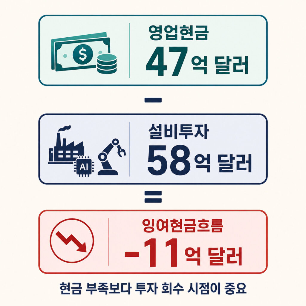 테슬라 영업현금 47억 달러와 설비투자 58억 달러 및 잉여현금흐름 11억 달러 적자