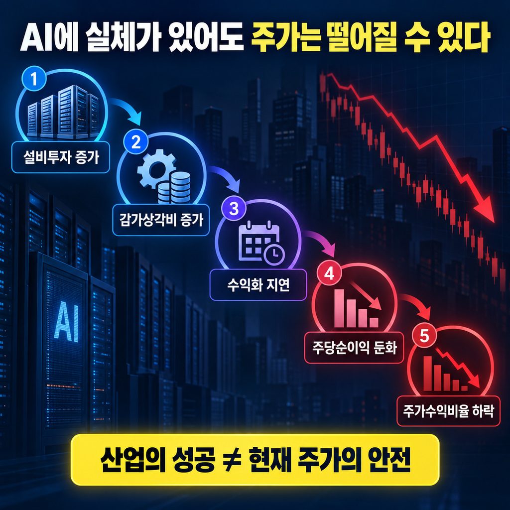 AI 설비투자 증가가 주당순이익 둔화와 주가수익비율 하락으로 이어지는 과정