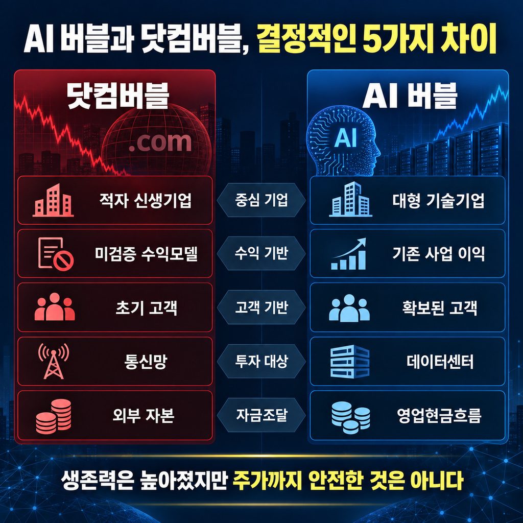 AI 버블과 닷컴버블의 기업 수익성과 자금조달 구조 비교