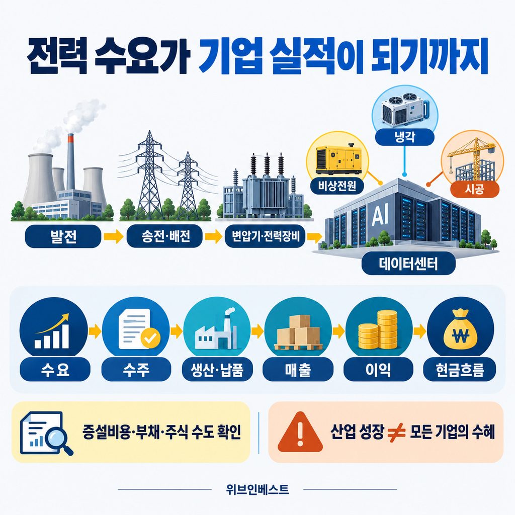 AI 데이터센터 전력 수요가 수주와 매출, 이익, 현금흐름으로 이어지는 과정