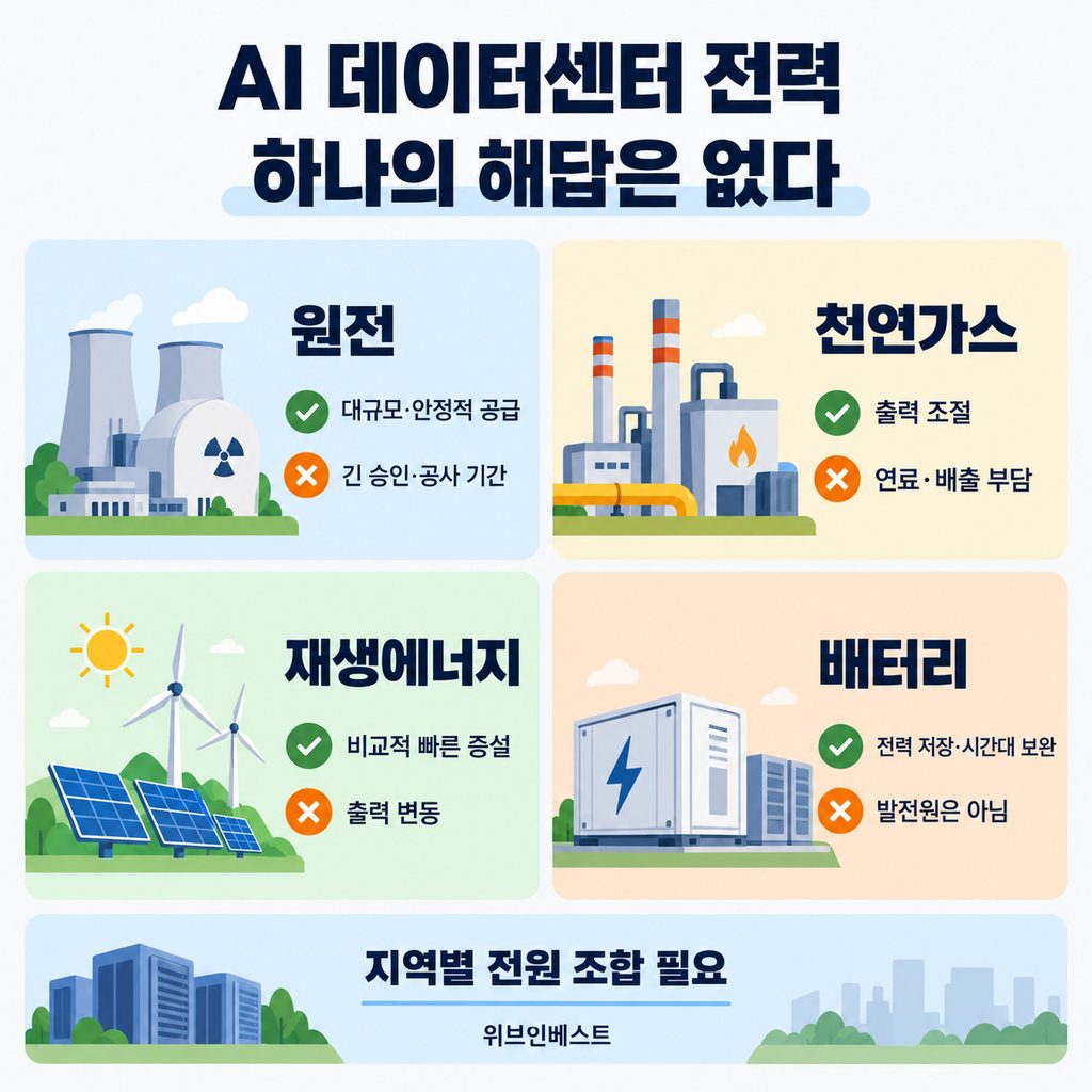AI 데이터센터 전력 공급을 위한 원전과 천연가스, 재생에너지, 배터리 비교