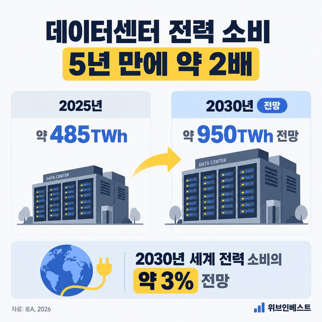 세계 데이터센터 전력 소비가 2025년 485TWh에서 2030년 950TWh로 증가한다는 IEA 전망