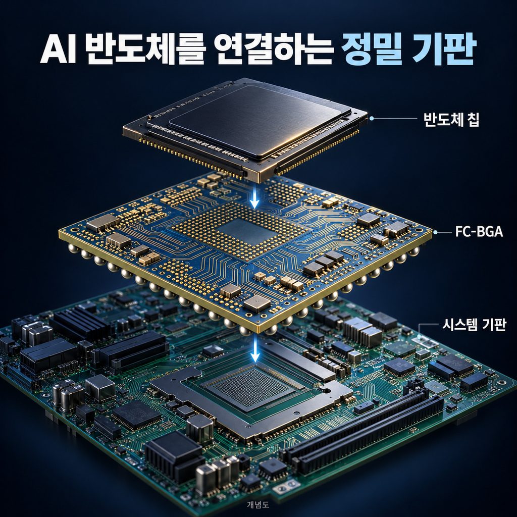 반도체 칩과 시스템 기판 사이에 놓인 FC-BGA 개념도