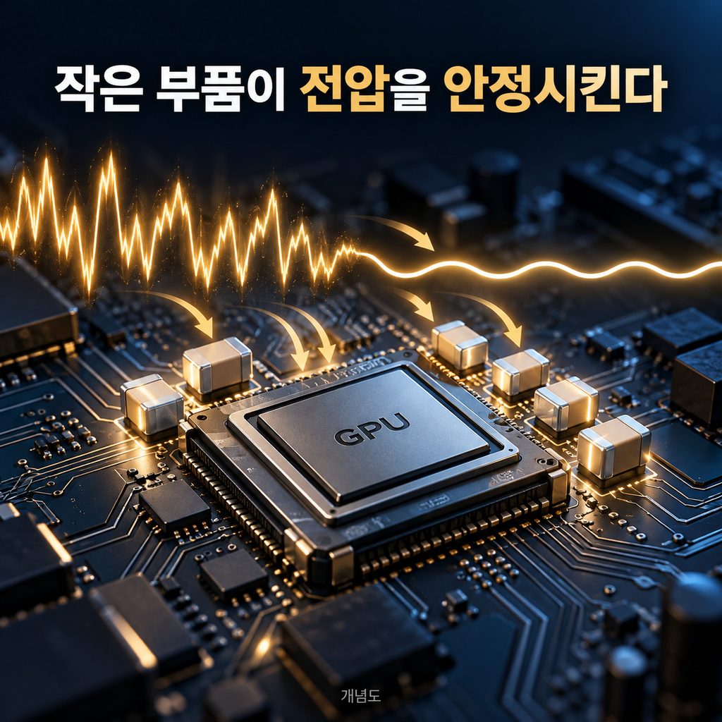 GPU 주변 MLCC가 전압 변동을 완화하는 개념도