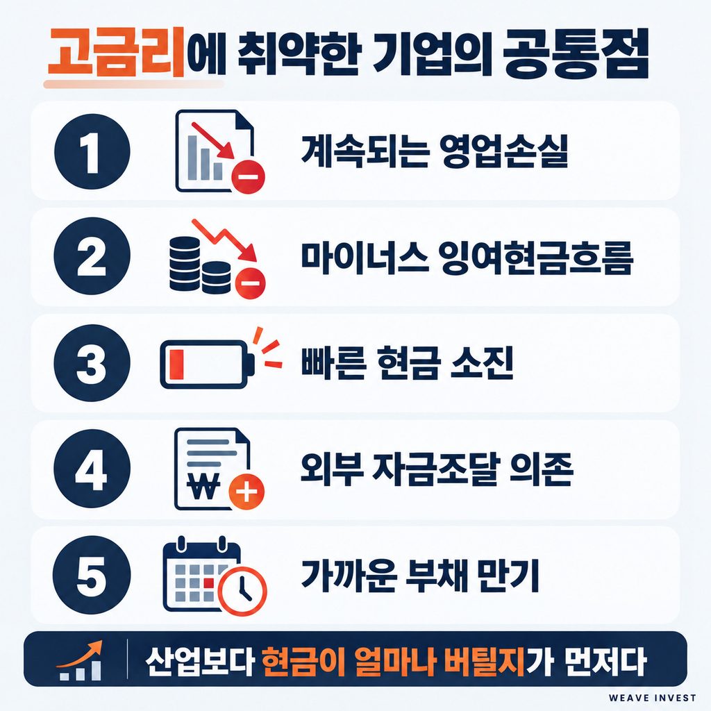 고금리에 취약한 기업의 영업손실·현금 소진·부채 만기 특징
