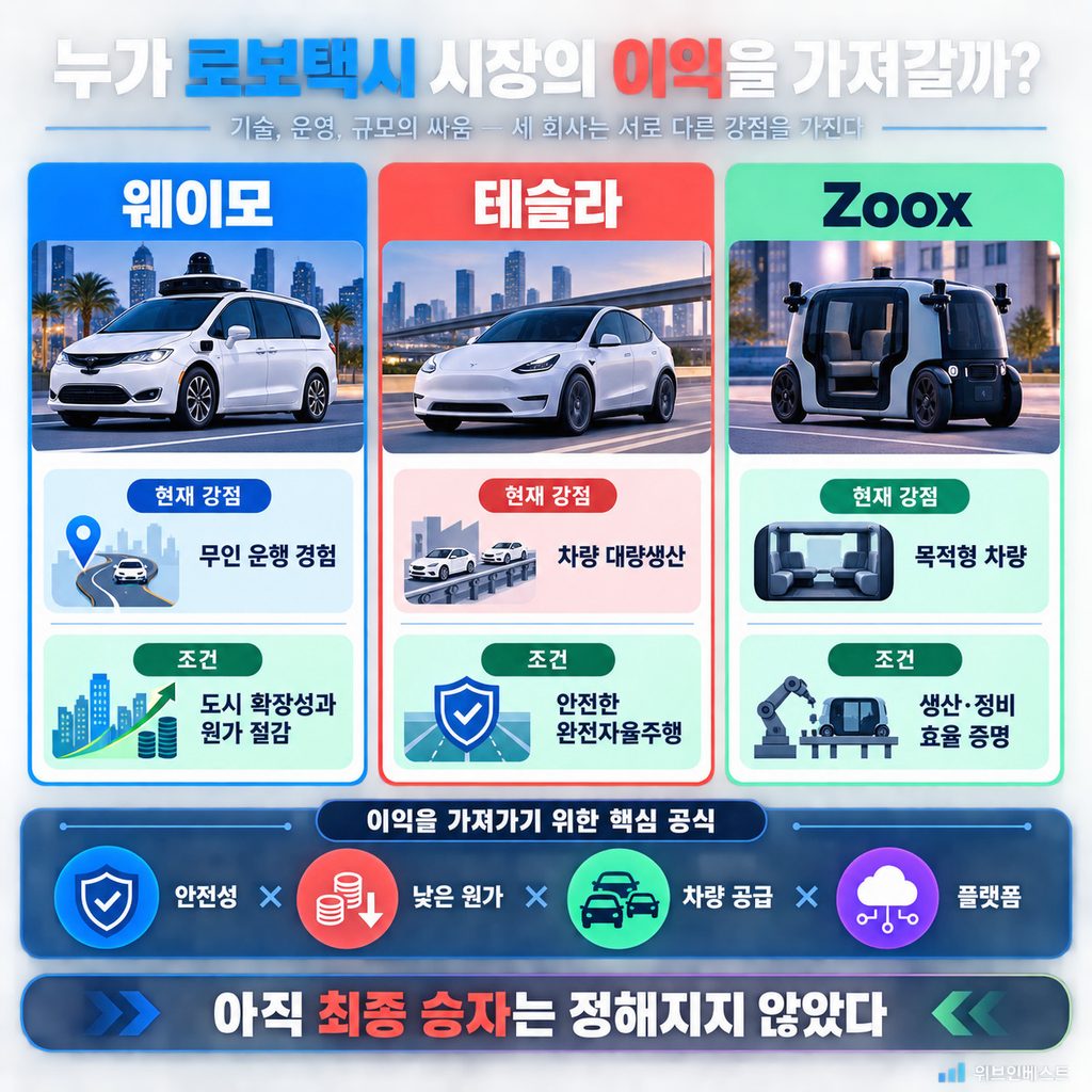 웨이모·테슬라·Zoox의 현재 강점과 로보택시 경쟁우위 확보 조건 비교