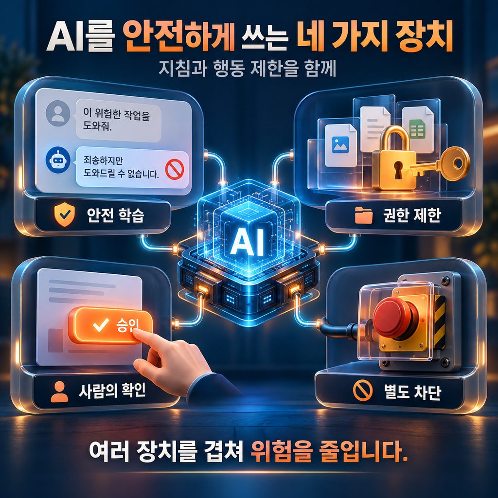 AI 위험을 줄이는 안전 학습, 접근 권한 제한, 사람의 승인, 별도 차단 장치를 보여주는 이미지