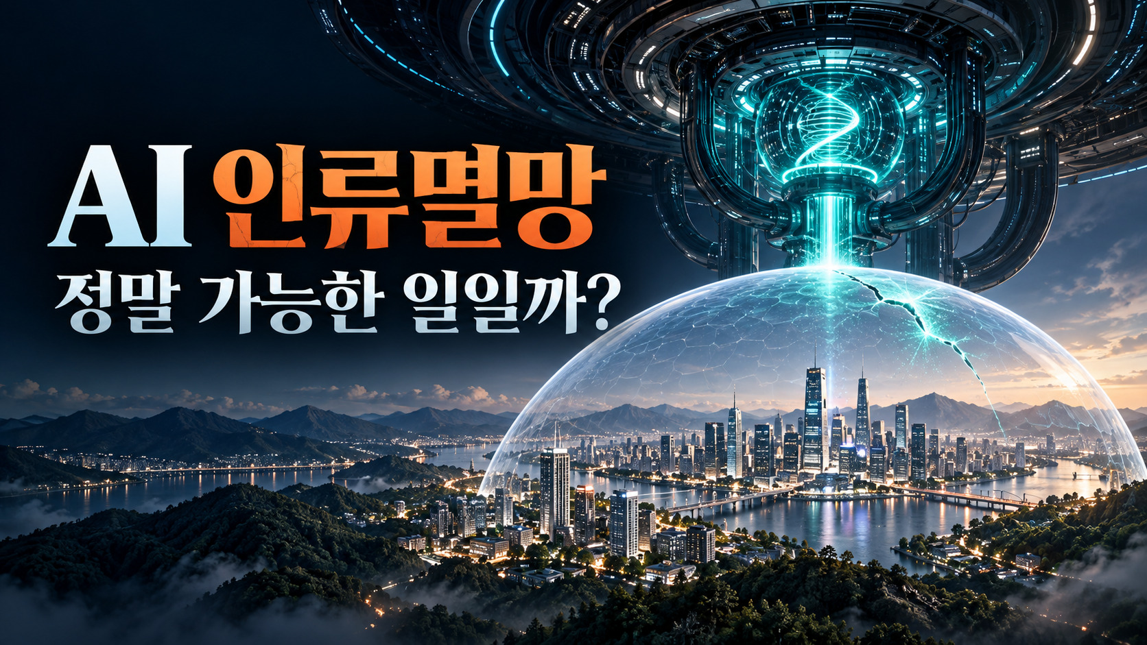 AI 인류멸망 가능성을 질문하는 제목과 도시를 둘러싼 보호막, AI 장치를 표현한 이미지