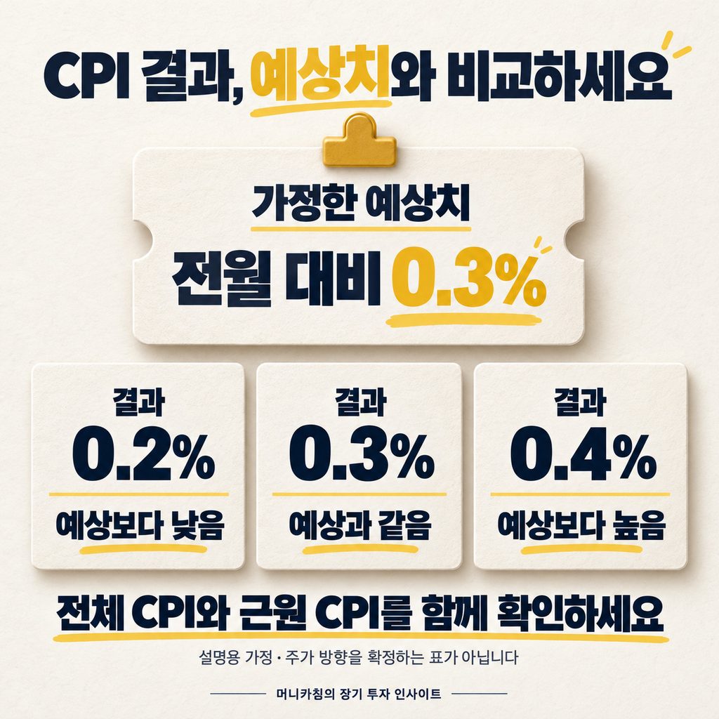 CPI 전월 대비 예상치를 0.3%로 가정하고 결과 0.2%, 0.3%, 0.4%를 비교한 설명용 예시
