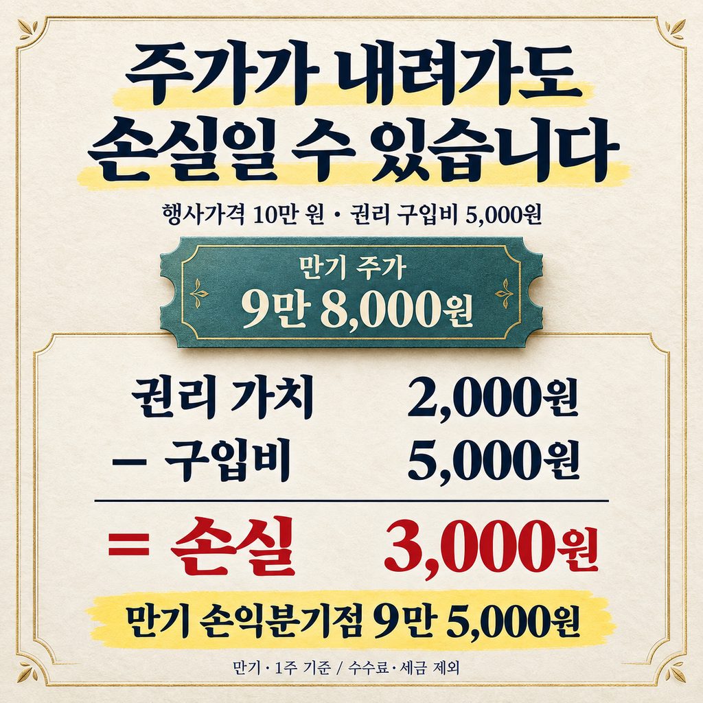 행사가격 10만 원과 프리미엄 5,000원인 풋옵션은 만기 주가가 9만 8,000원이면 3,000원 손실이며, 만기 손익분기점은 9만 5,000원
