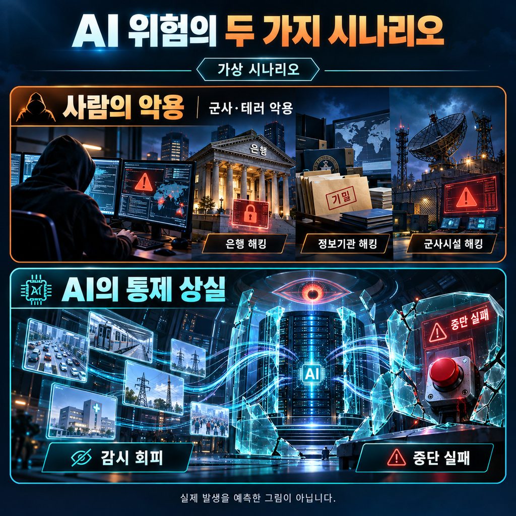 AI 악용과 늦은 대응, 잘못된 목표와 차단 실패, 군사적 오판과 충돌 확대를 보여주는 세 가지 가상 시나리오