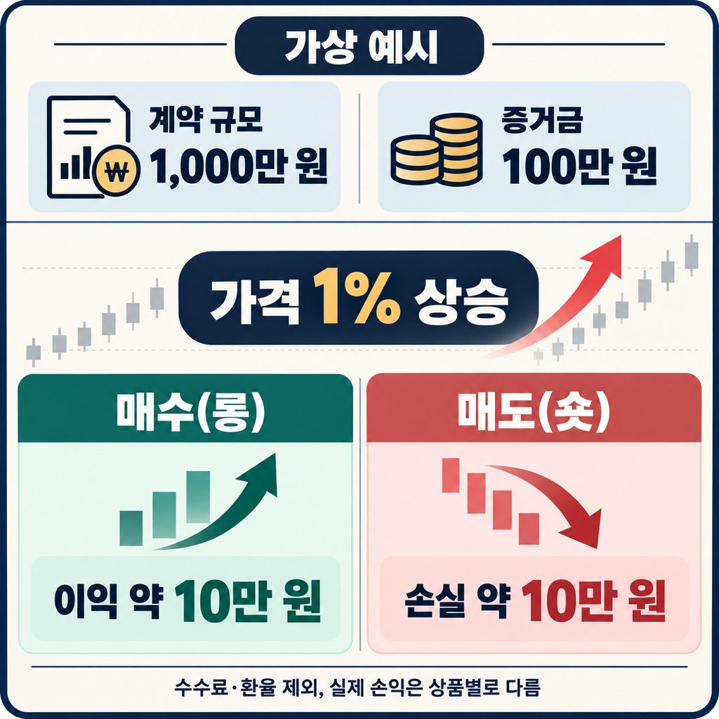 가상 계약 규모 1,000만 원과 증거금 100만 원, 가격 1% 상승 시 매수·매도 손익 예시