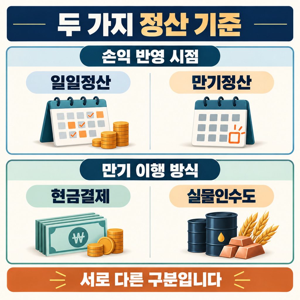 손익 반영 시점인 일일정산·만기정산과 만기 이행 방식인 현금결제·실물인수도의 차이