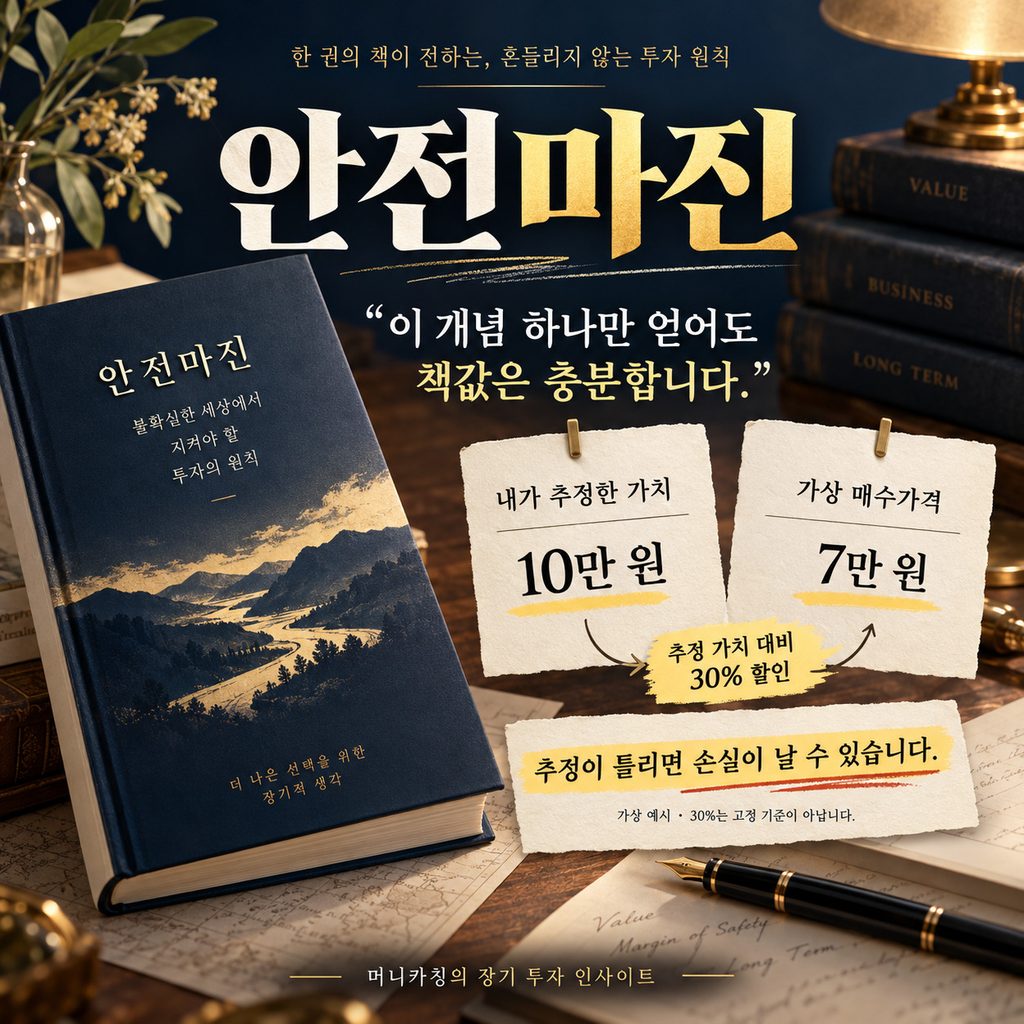 추정 가치 10만 원과 매수가격 7만 원을 비교하고 가치 추정 오류에 따른 손실 가능성을 설명하는 안전마진 이미지