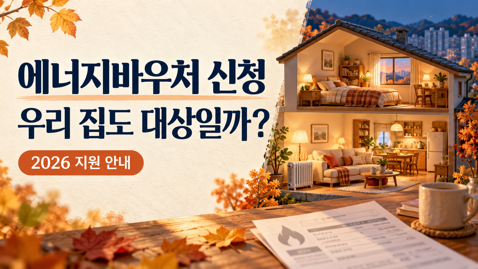 에너지바우처 신청 안내 문구와 따뜻한 불빛이 켜진 집, 난방비 고지서