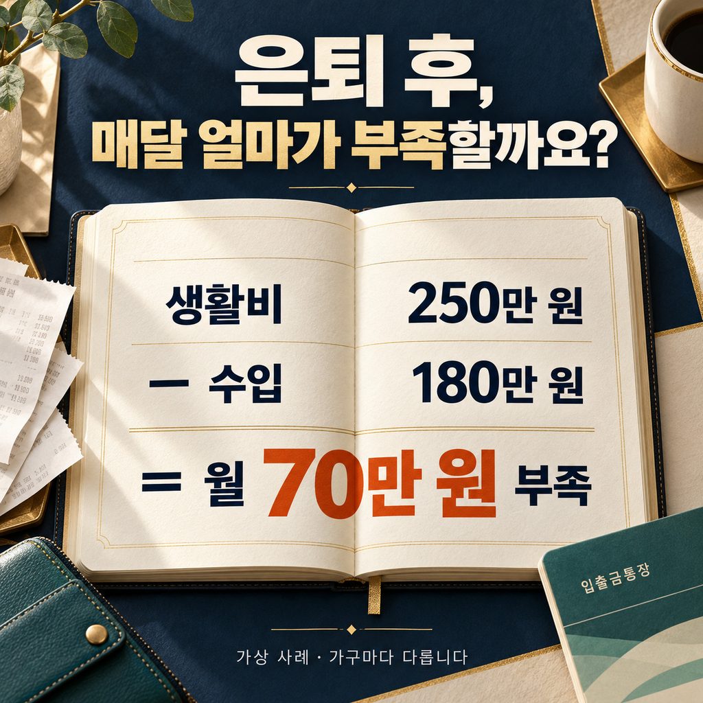 월 생활비 250만 원에서 수입 180만 원을 빼면 70만 원이 부족한 노후 생활비 가상 사례