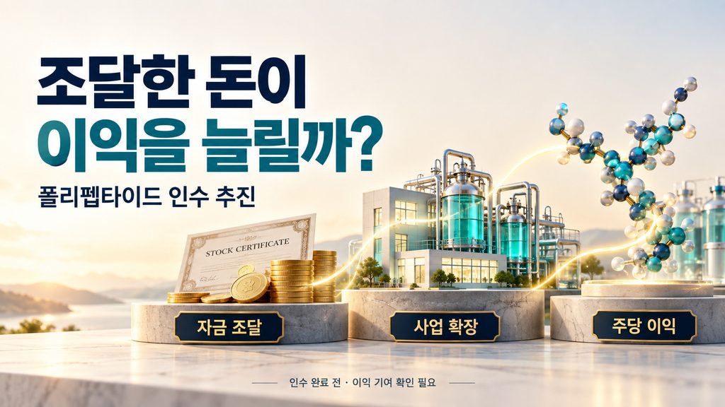 폴리펩타이드 인수 추진에 따른 자금 조달, 사업 확장, 주당 이익 확인 과정을 표현한 일러스트