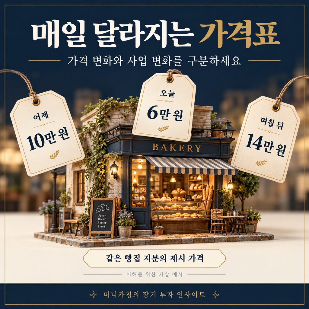 같은 빵집 지분의 제시 가격이 10만 원, 6만 원, 14만 원으로 달라지는 미스터 마켓 가상 예시