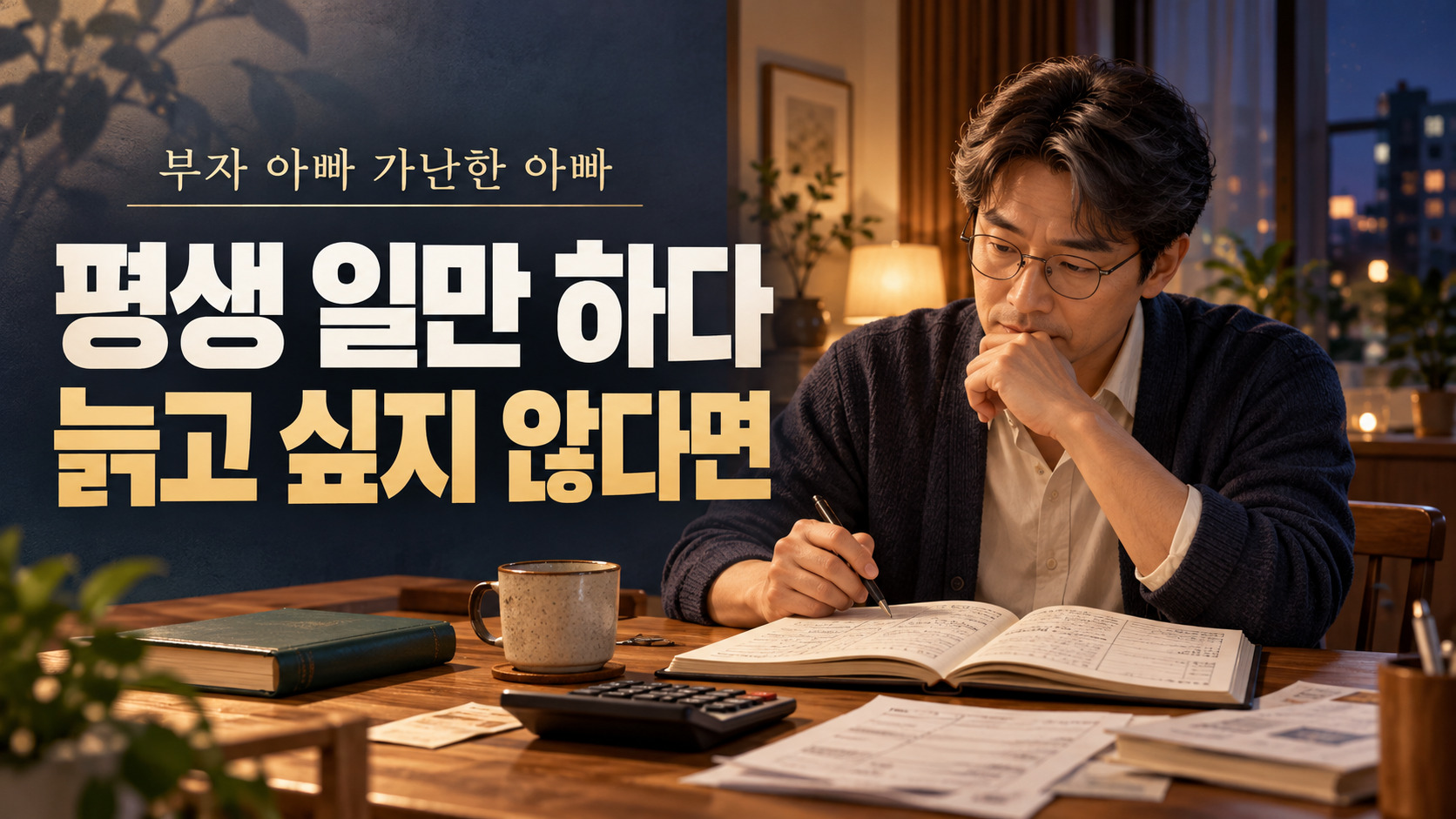부자 아빠 가난한 아빠를 읽고 가계부를 살펴보며 노후를 준비하는 중년 남성