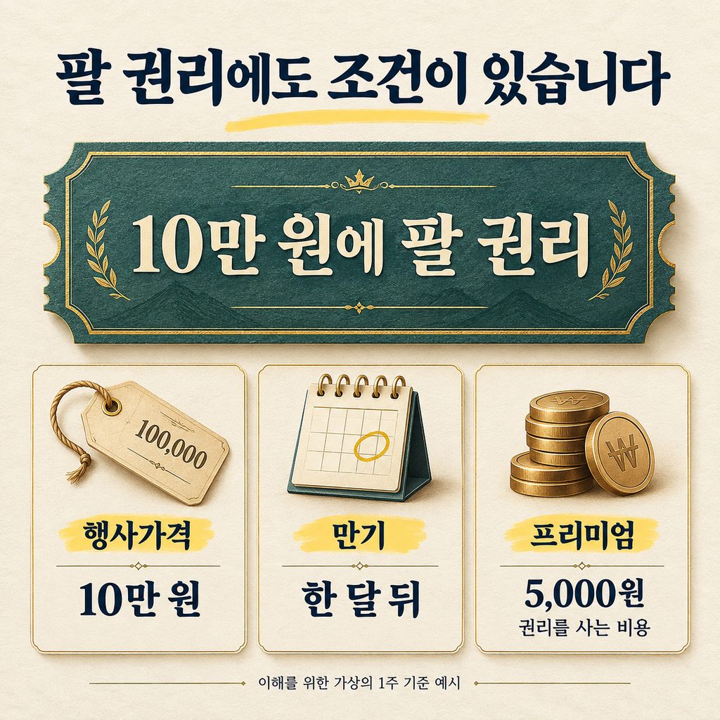 풋옵션의 행사가격 10만 원, 만기 한 달 뒤, 권리 구입비인 프리미엄 5,000원을 설명