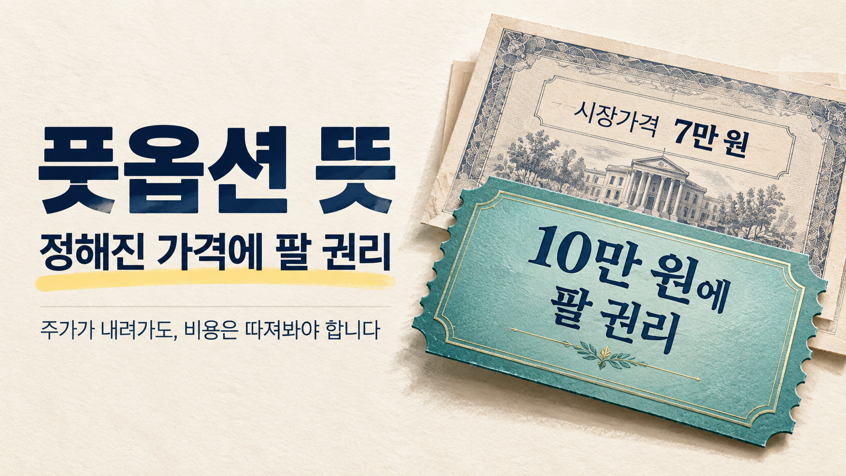 풋옵션 뜻을 설명하는 이미지로, 시장가격 7만 원인 주식과 10만 원에 팔 수 있는 권리를 비교